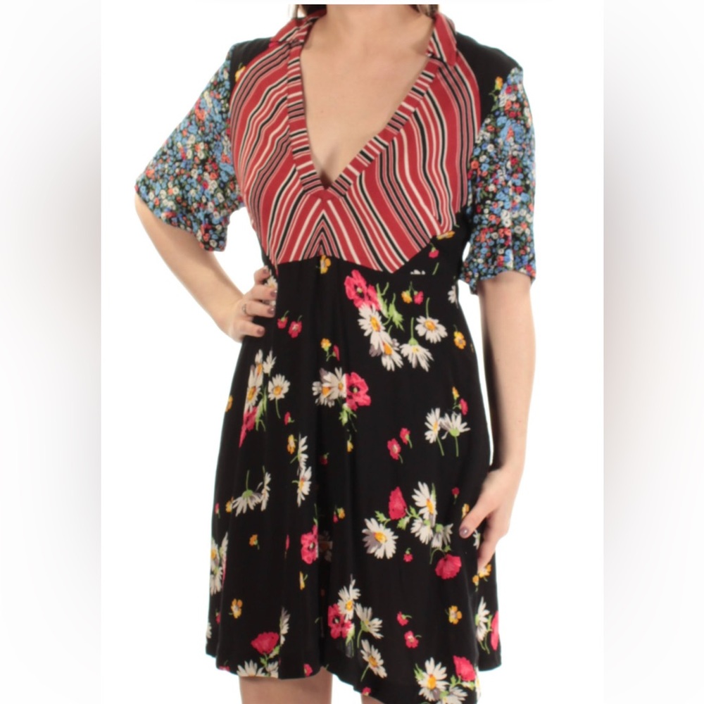 FREE PEOPLE Mix It Up Mini Dress Multi Color Floral/Black - Pockets! Fit…